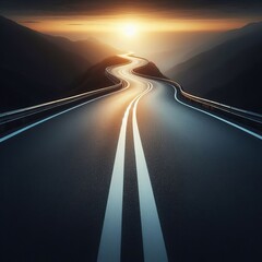 Obraz premium winding road in the sunset, taken from a head-on perspective 