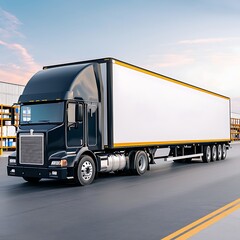 cargo warehouse land Large black truck with a white trailer on a highway near a freight yard.