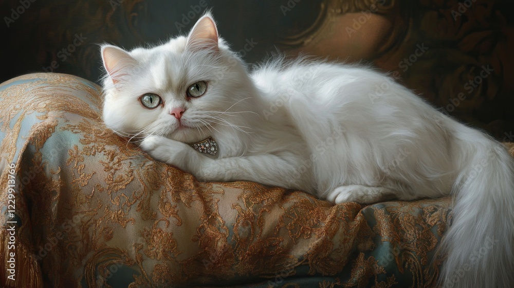 Poster an elegant white persian cat wearing a sparkling collar with a small gem, resting on a luxurious cus
