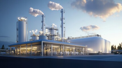 Obraz premium A futuristic industrial facility with advanced compressed gas storage and monitoring systems.