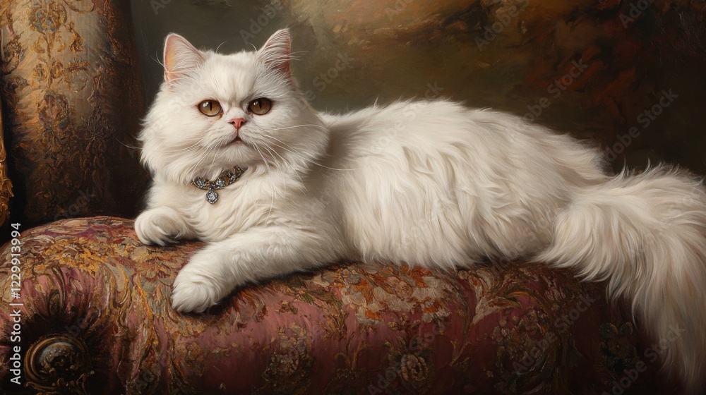 Poster an elegant white persian cat wearing a sparkling collar with a small gem, resting on a luxurious cus