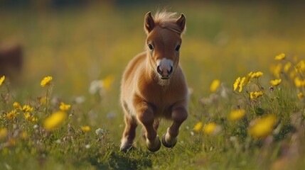 Adorable miniature horse foal galloping through a sunny meadow of yellow wildflowers.