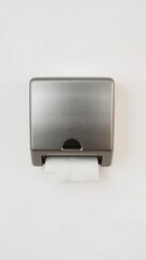 Modern stainless steel tissue paper towel dispenser mounted on white wall, clean, accessory, metal