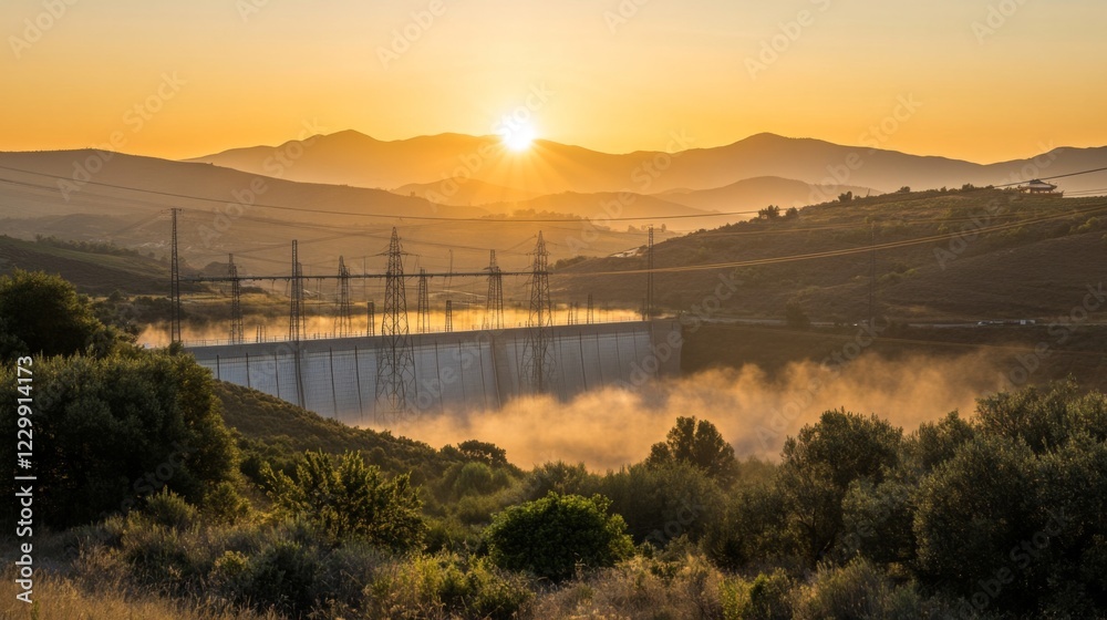Poster an engaging image of a hydroelectric dam with power lines stretching into the distance, highlighting