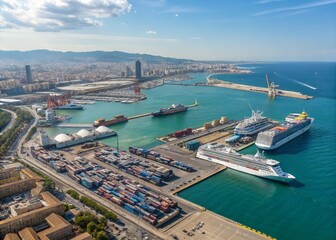 Obraz premium Aerial View of Barcelona Harbor, Spain: Ships, Docks, and Cityscape
