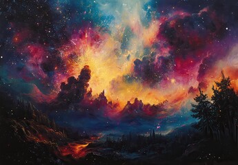 Naklejka premium Vibrant Cosmic Explosion Over Serene Forest Landscape at Twilight with Celestial Colors and Ethereal Clouds