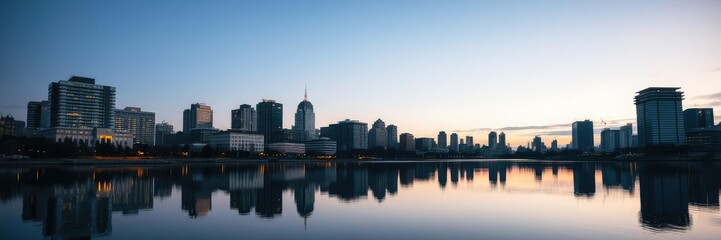 Fototapeta premium Montreal building silhouettes reflected in peaceful lake, lake reflection, peaceful surroundings, silhouette