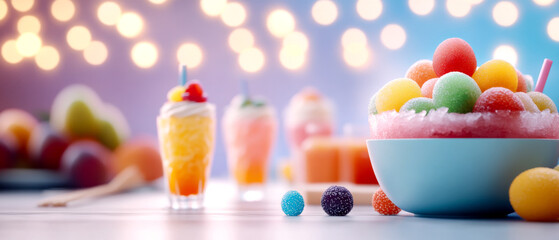 Naklejka premium A vibrant display of colorful frozen treats, including sorbets and smoothies, set against a soft, glowing background.