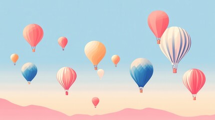 Colorful Hot Air Balloons Floating in Clear Blue Sky Over Landscape