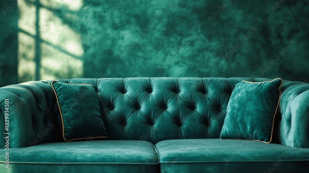Poster a sumptuous deep green velvet couch with tufted detailing and contrasting cushions evokes a sense of