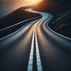 winding road in the sunset, taken from a head-on perspective
