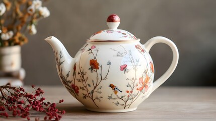 A delicate porcelain teapot with a floral design