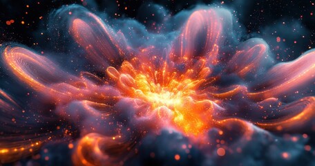 Obraz premium Vibrant Cosmic Explosion with Swirling Particles and Fiery Colors, Representing Energy, Motion, and Dramatic Visual Effects in Dark Space Background
