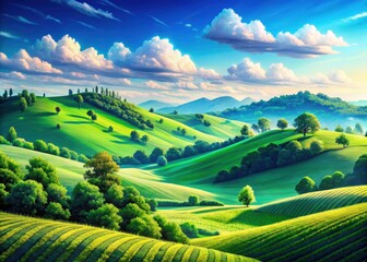 Fototapeta premium 8-bit green hills and blue sky gaming poster background. Pixel art perfection for retro game aesthetics.