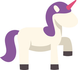 Cute white unicorn with a purple mane and tail is standing gracefully, raising one leg