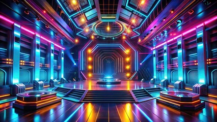 A 3D rendered futuristic stage, bathed in neon, awaits; silent drones patrol the empty space.