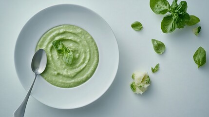 Creamy Green Soup with Fresh Basil Garnish