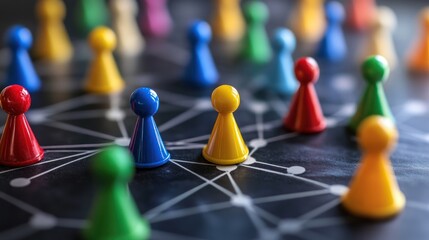 Colorful game pieces on a network.