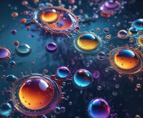 Oil droplets on water with abstract colorful background and many bubbles in a mesmerizing visual effect , ripples, water, macro photography
