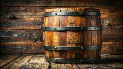 Fototapeta premium Old whiskey barrel with wooden slats and rusty metal hinges, aging barrel, antique, old wood