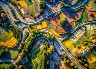 Obraz premium Abstract aerial photography showcases bold geometric shapes in colorful landscapes, viewed from a breathtaking bird's-eye perspective.