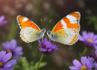 Fototapeta premium Orange tip Anthocharis cardamines butterfly landing on a vibrant purple wild flower petal , insects, purple flowers
