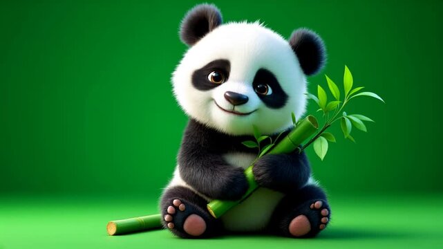 Happy Panda Cub Holding Bamboo, Green Background, Cartoon Illustration