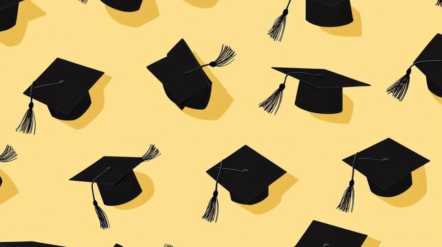 Graduation caps pattern on yellow background.
