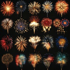 Fototapeta premium Vibrant Display of Colorful Fireworks Exploding in Night Sky at Celebratory Event Showcasing Various Patterns and Effects in Dazzling Display of Light