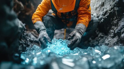 A silver mine with workers extracting shiny metal ores.