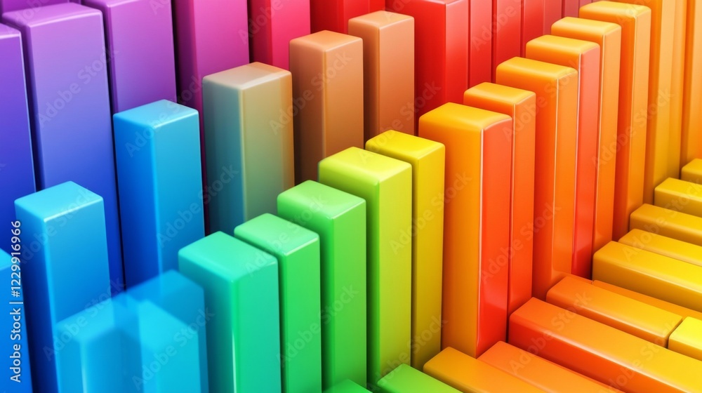 Poster array of rainbow-colored d bars in a row, gradually increasing in height, with smooth shadows and re