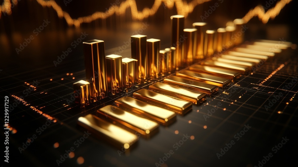 Poster a d bar chart with gold bars of different heights on a reflective black surface, symbolizing rising 
