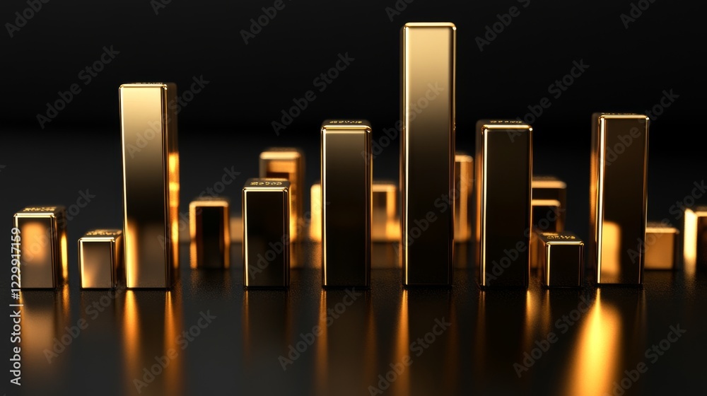 Poster a d bar chart with gold bars of different heights on a reflective black surface, symbolizing rising 