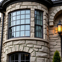 Obraz premium Elegant Stone House Exterior with Bay Window and Classic Design. Luxurious Residential Architecture. Real Estate Photography