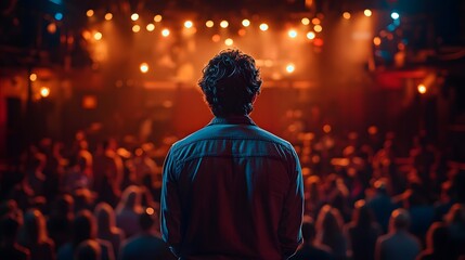 Obraz premium A comedian performing on stage, making the audience laugh and fostering positivity, 8K high resolution with copy space
