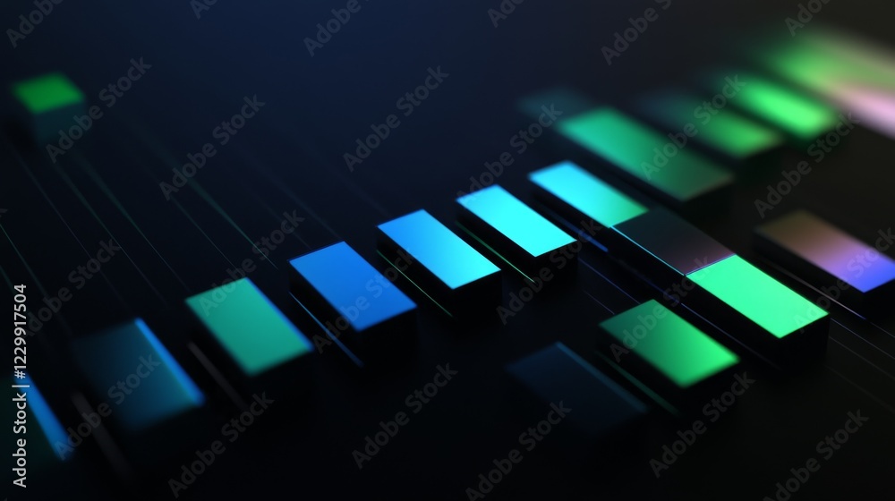 Fototapete A D bar graph in cool blues and greens on a dark background with soft lighting from above, creating a sophisticated, data-centric visual