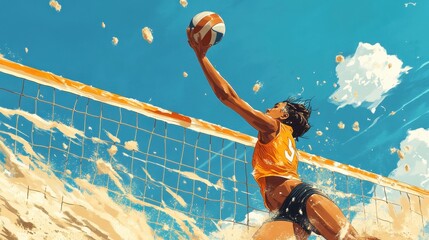 A female volleyball player jumps on the beach sand for a fun summer game