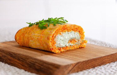 Homemade Healthy Food Savory Vegetable Carrot Roll Roulade Stuffed with Soft Cheese