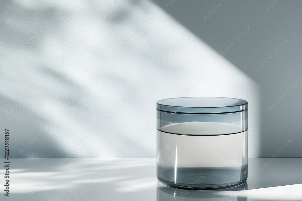 Aufkleber Clear glass container with water reflecting soft shadows in a minimalist setting