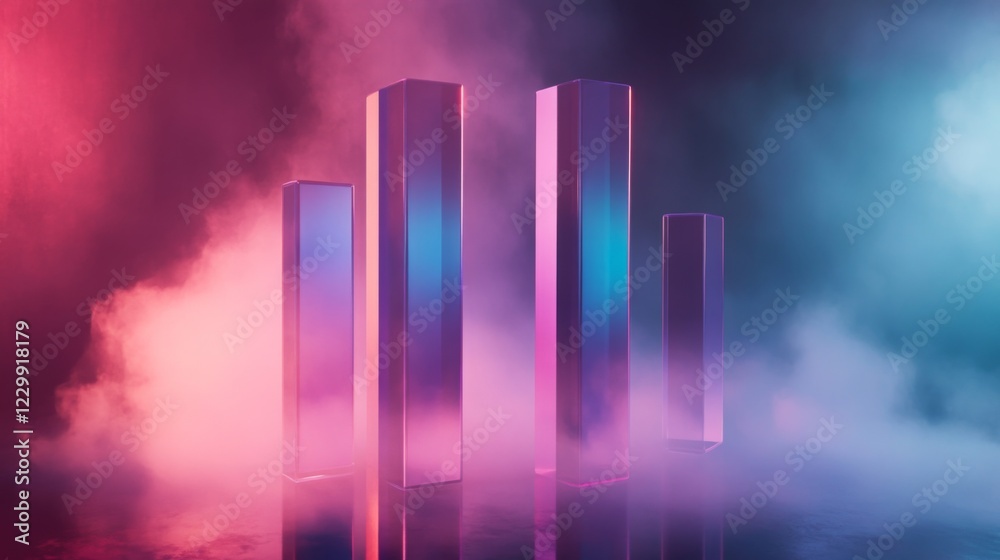 Poster a d bar graph with tall, transparent bars in shades of blue and purple, set on a reflective surface 