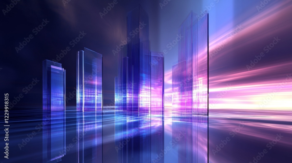 Poster a d bar graph with tall, transparent bars in shades of blue and purple, set on a reflective surface 