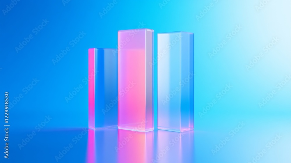 Poster A D bar graph with vibrant, semi-transparent bars of varying heights on a gradient blue background, with reflections adding a sleek, polished effect