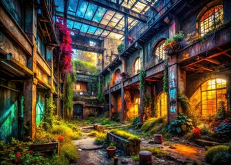 Fototapeta premium Abstract urban decay unfolds through digital photography textures, gritty industrial ruins, and a grunge cityscape, creating a digital art background.