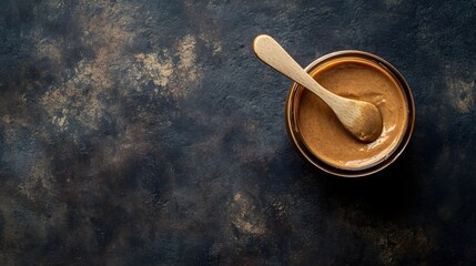 A jar of peanut butter with a wooden spoon inside
