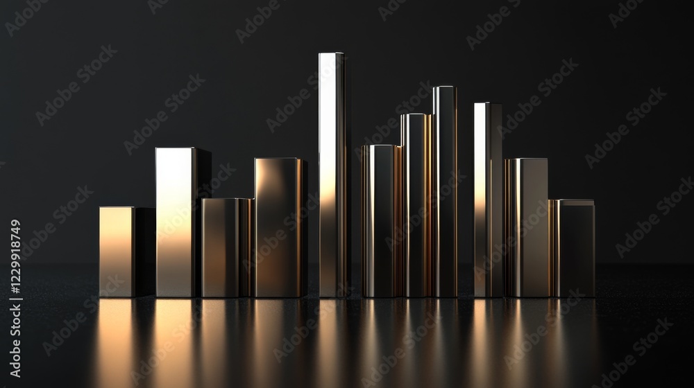 Aufkleber A D financial bar graph with metallic bars, representing revenue comparison between different companies, placed on a reflective surface with a sleek black background.