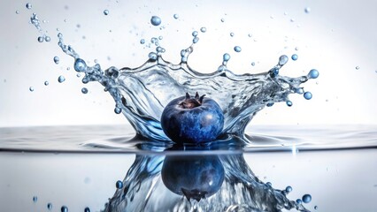 A burst of blue: frozen blueberries explode into water, a high-speed, juicy moment captured.