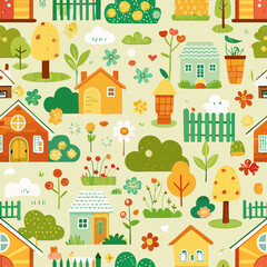 Seamless Cozy Spring Home Pattern with Fences and Gardens. Perfect for: Spring, Easter, home decor, children's products, family-friendly designs