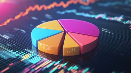 A D financial pie chart with vibrant colors, representing different revenue streams, set against a digital background with stock market graphs in the distance.