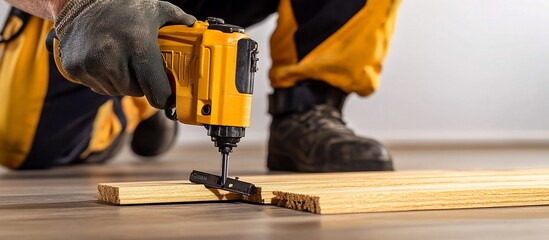 Carpenter Using a Power Drill to Install Wood Flooring