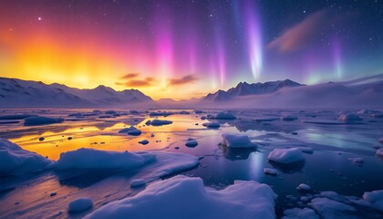 Naklejka premium Aurora Borealis over Ice-Covered Arctic Landscape